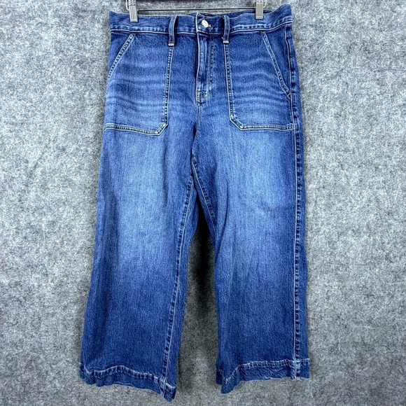 J.CREW Denim - J Crew‎ Wide Crop Jeans Womens 30P Blue Whiskered Denim Cotton Stretch High Rise